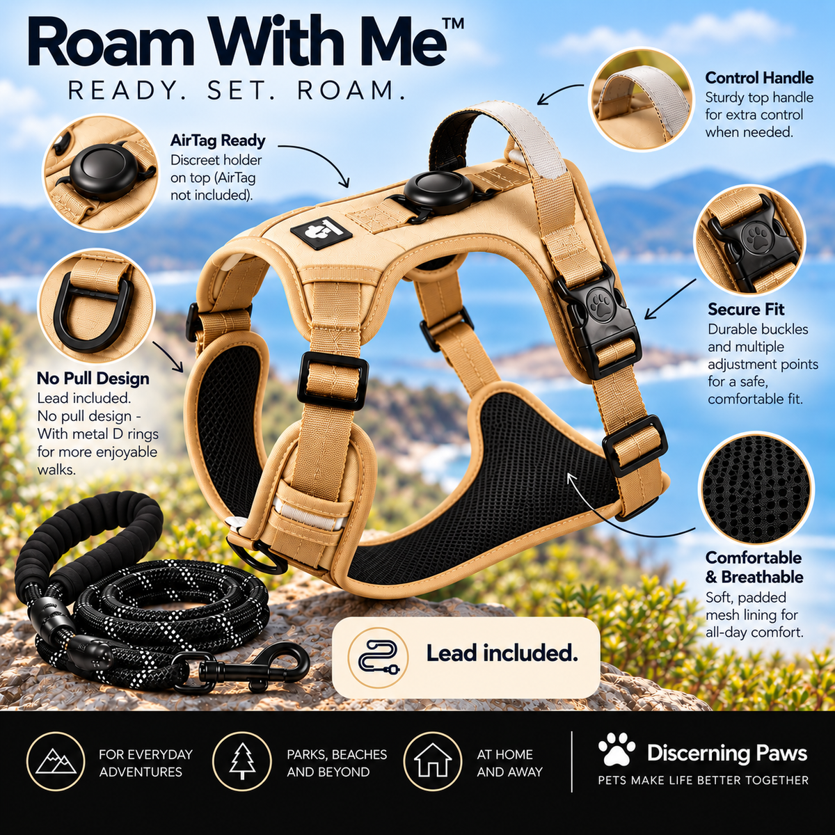 Roam with Me - Dog Harness & Lead Set with Air Tag Holder